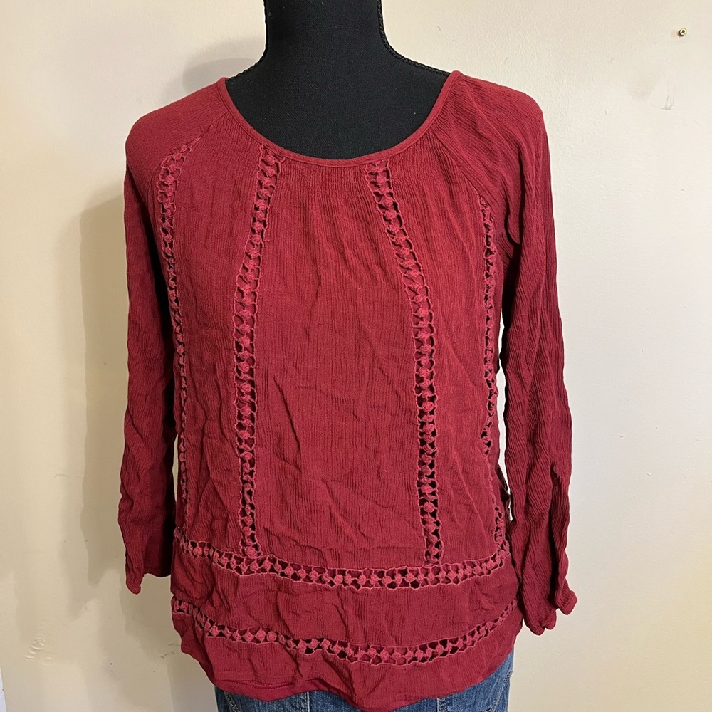 Laura Scott Women's Red Crochet-Trim Long Sleeve Top